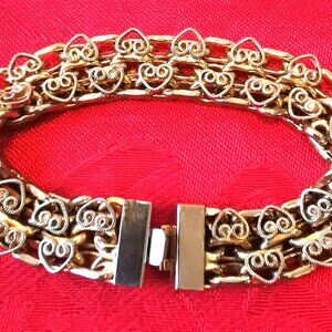 Gold Tone Multi Strand Bracelet Fancy Square Link Filigree Heart 1960s Size Smal